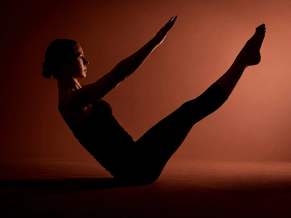 A woman holding a boat pose in warm light
